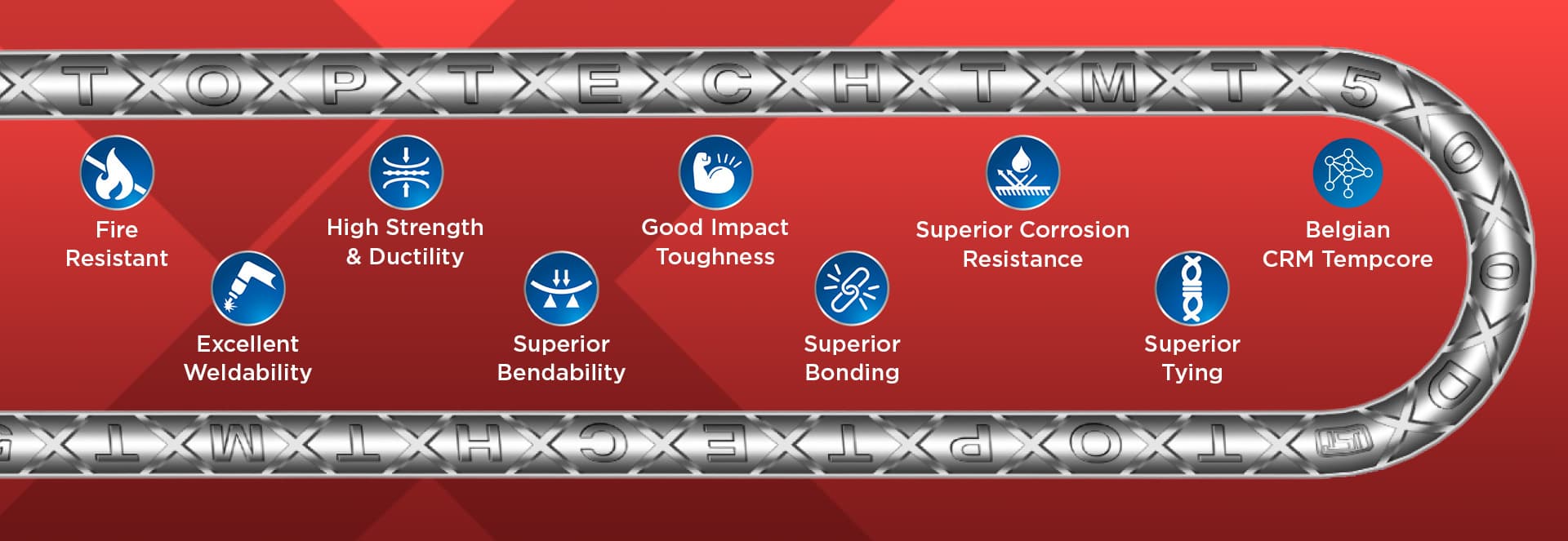 TopTech Original X-Ribs TMT advantages — Fire Resistant, High Strength & Ductility, Good Impact Toughness, Superior Corrosion Resistance, Belgian CRM Tempcore, Excellent Weldability, Superior Bendability, Superior Bonding, Superior Tying